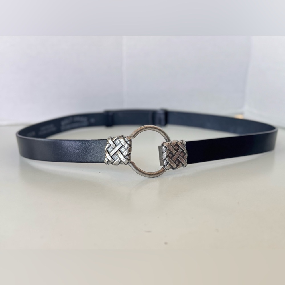 Belt Shak Black Italian Leather Slide Belt Silver Tone Weave Buckle